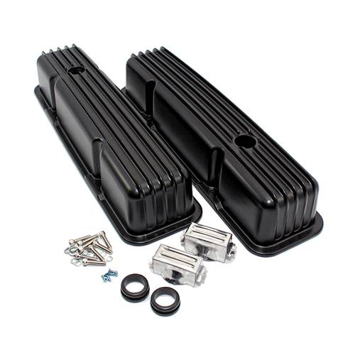 58-86 SBC Chevy 350 Finned Black Powder Coated Aluminum Tall Valve ...