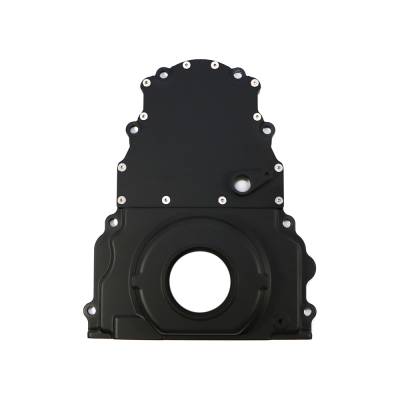 Assault Racing Products - Black Aluminum Two Piece LS Engine Timing Chain Cover Chevy GM / Cam Sensor Hole