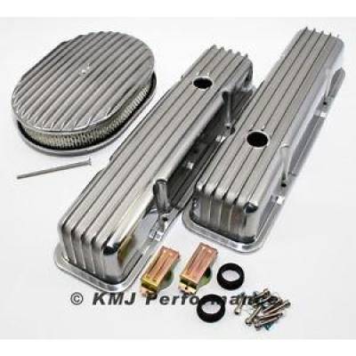 KMJ Performance Parts - 58-86 SBC Chevy 327 Finned Retro Polished Aluminum Valve Covers 12"; Air Cleaner