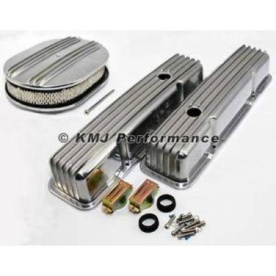 KMJ Performance Parts - 58-86 SBC Chevy 350 Finned Polished Aluminum Valve Covers and Air Cleaner Kit