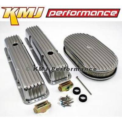 KMJ Performance Parts - Chevy 307 327 350 400 Finned Retro Polished Aluminum Valve Covers W/ Air Cleaner