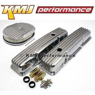 KMJ Performance Parts - 58-86 SBC Chevy 327 Finned Retro Polished Aluminum Valve Covers W/ Air Cleaner