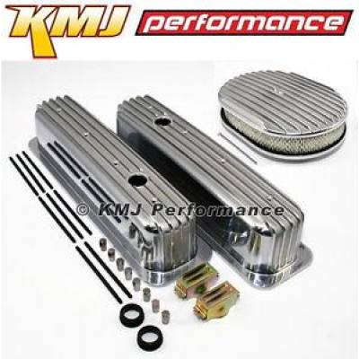 KMJ Performance Parts - SBC Chevy 5.7L 350 Finned Retro TBI Vortec Aluminum Valve Covers W/ Air Cleaner