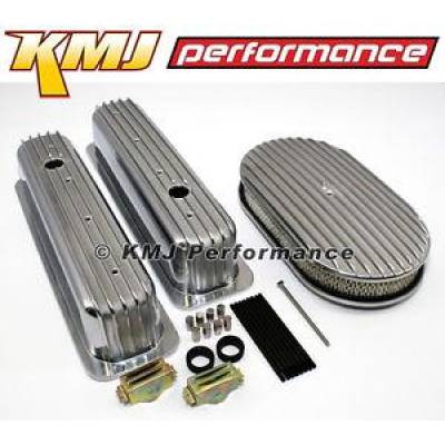 KMJ Performance Parts - SBC Chevy 5.7L Full Finned Retro Vortec Aluminum Valve Covers & 15"; Air Cleaner