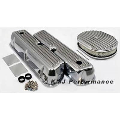 KMJ Performance Parts - SBF Ford 302 351W Ford Finned Polished Aluminum Valve Covers and Air Cleaner Kit