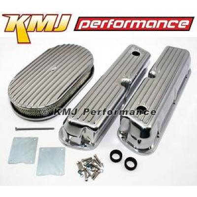 KMJ Performance Parts - Ford 302 5.0L 351W Windsor Finned Polished Aluminum Valve Covers Air Cleaner Kit