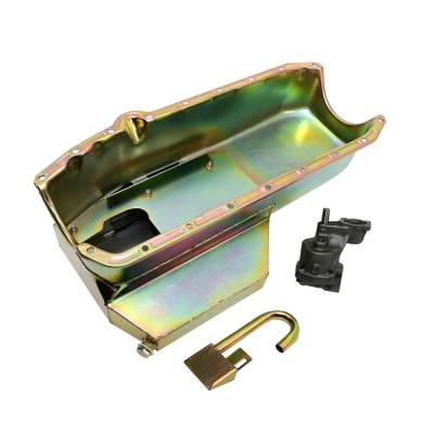 KMJ Performance Parts - Small Block Chevy Champ Zinc Plated Oil Pan w/ Pickup & Melling M55HV Oil Pump