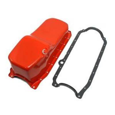 KMJ Performance Parts - 86-02 SBC Chevy Orange Oil Pan Stock Capacity 305 350 Vortec 1 PC Main W/ Gasket