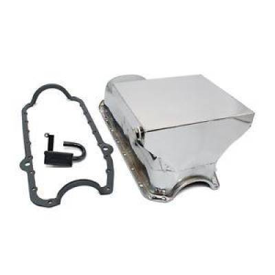 KMJ Performance Parts - 58-79 SBC Chevy Chrome Drag Race Style Oil Pan 7qt 350 400 W/ STD. Pickup Gasket